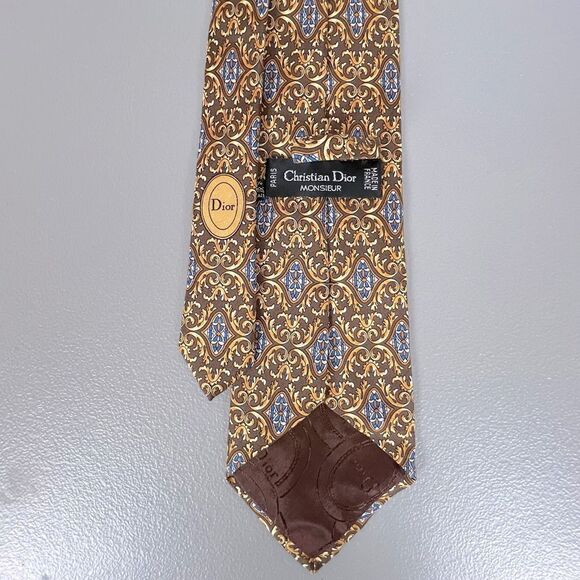 CHRISTIAN DIOR MENS SILK TIE BROWN GOLD MULTICOLORED DESIGN - Picture 2 of 3